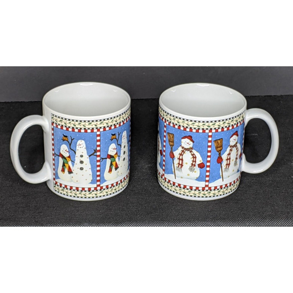 Sakura Debbie Mumm SNOWMAN Cups Mug Set of 2 Different Designs 3 5/8" Tall 1998 - Picture 1 of 4
